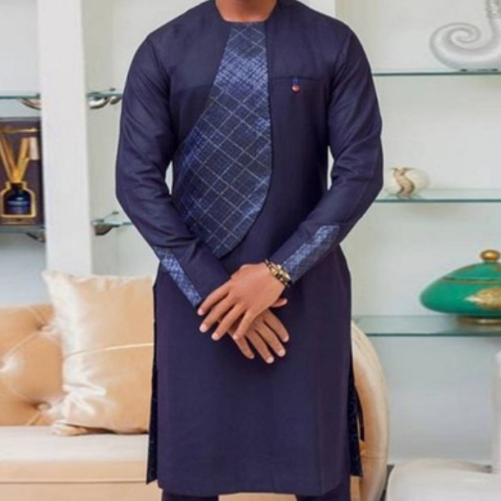 Men's Long Sleeve African Printed Dashiki - Navy
